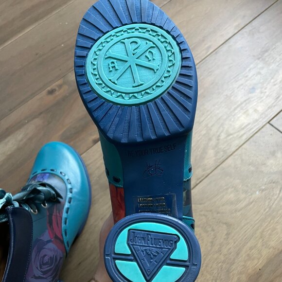 John Fluevog Blue Floral Lace-Up Ankle Boots Size 10.5 - Picture 7 of 11